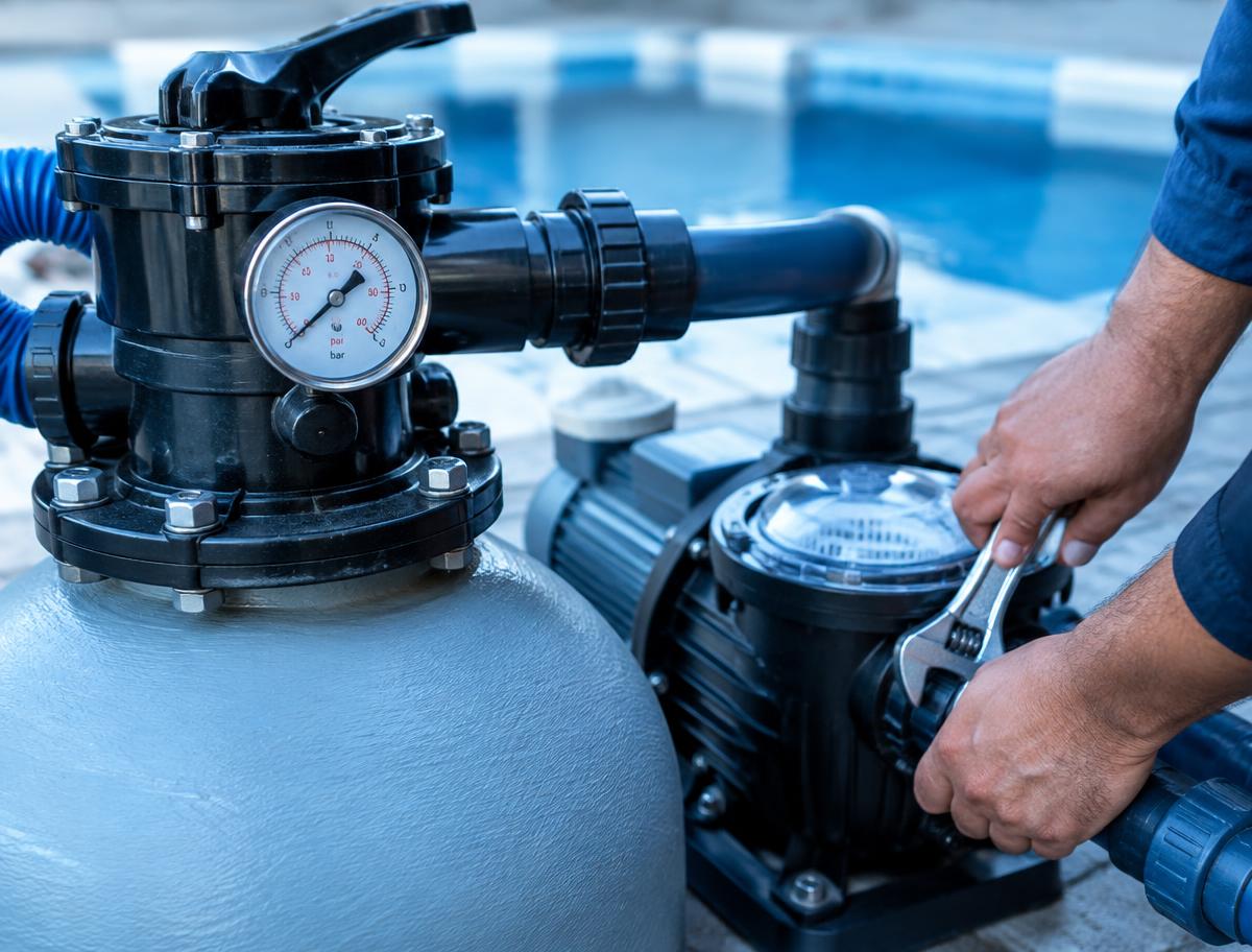 Technicien contrôlant la pompe et le filtre d'une piscine lors d'un passage d'entretien